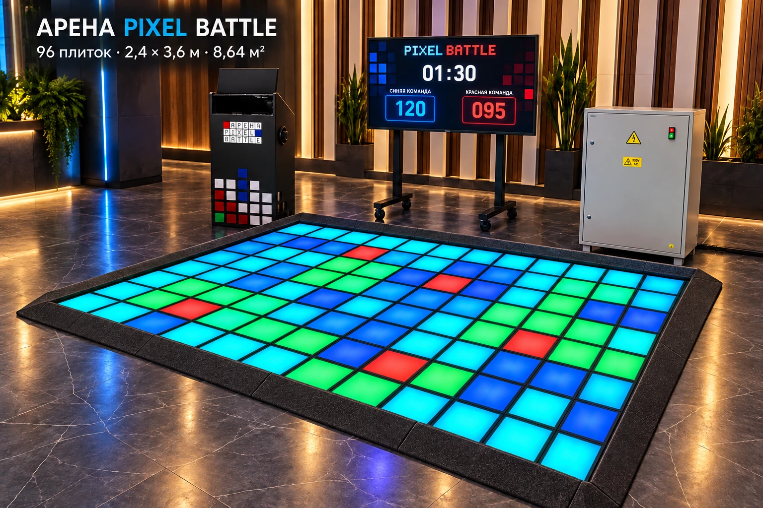 Готовая арена Pixel Battle на 96 световых плиток: игровое поле, стойка управления, экран и электрический шкаф